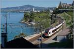 Ein SBB RABe 523 Flirt erreicht die Haltestelle Veytaux-Chillon.

23. Juni 2018