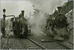 50 Jahre Blonay - Chamby; Mega Steam Festival: es dampfen bei der Bekohlung in Chaulin links die BDB Ballenberg Dampfbahn SBB G 3/4 208 und rechts die FO HG 3/4 N� 4.