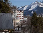 Das ehemalige  Grandhotel  in Leysin. Der Grund für die oberste Bahnstation im Ort. Januar 2026.
