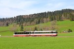 Ein schöner Zug mit Triebwagen 6 und Salon-Steuerwagen ASt 21 südwestlich von La Sagne, 21.April 2016.