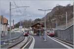 Viel Verkehr in Broc Chocolaterie. jedenfalls sind nun beide verfügbaren Gleise besetzt: auf Gleis 2 ist der TPF RABe 527 194 als RE 3816 von Bern angekommen, während auf Gleis 1 der TPF RBDe 560 240 (mit dem Steuerwagen ABt 39-43 863-2 an der Spitze) als RE 3819 auf die baldige Abfahrt nach Bern wartet. In der Regel wenden die Züge direkt in sechs Minuten, einige Male pro Tage wird wohl aus Umlaufgründen die Kompositionen wie hier ausgetauscht, so wird der TPF RABe 527 194 erst um 14:03 nach Düdingen zurückfahren.

24. Januar 2024